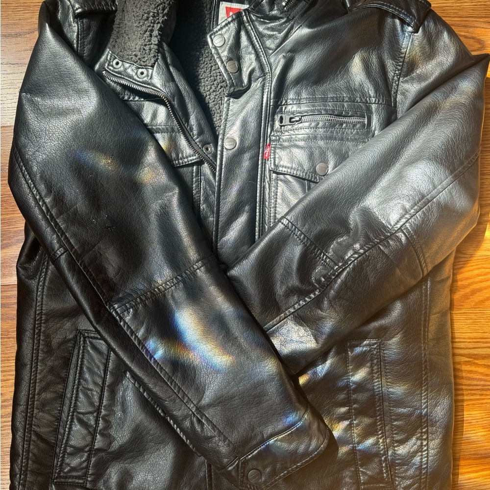 Black Sherpa Lined Faux Leather Jacket